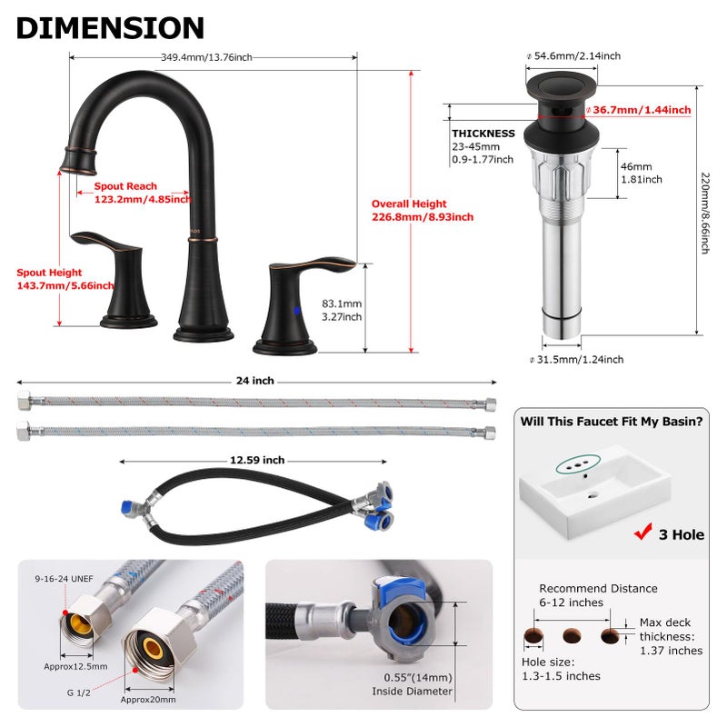 PARLOS Two-Handle High Arc Bathroom Faucet with Metal Pop Up Drain and cUPC Faucet Supply Lines Widespread 8 inch Deck Mounted,Oil Rubbed Bronze, Demeter 13652 - Image 5